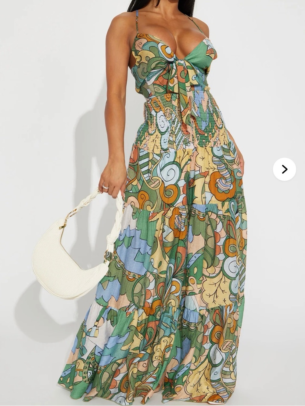 Fashion Nova Green Multi-Print Tie-Front Maxi Dress